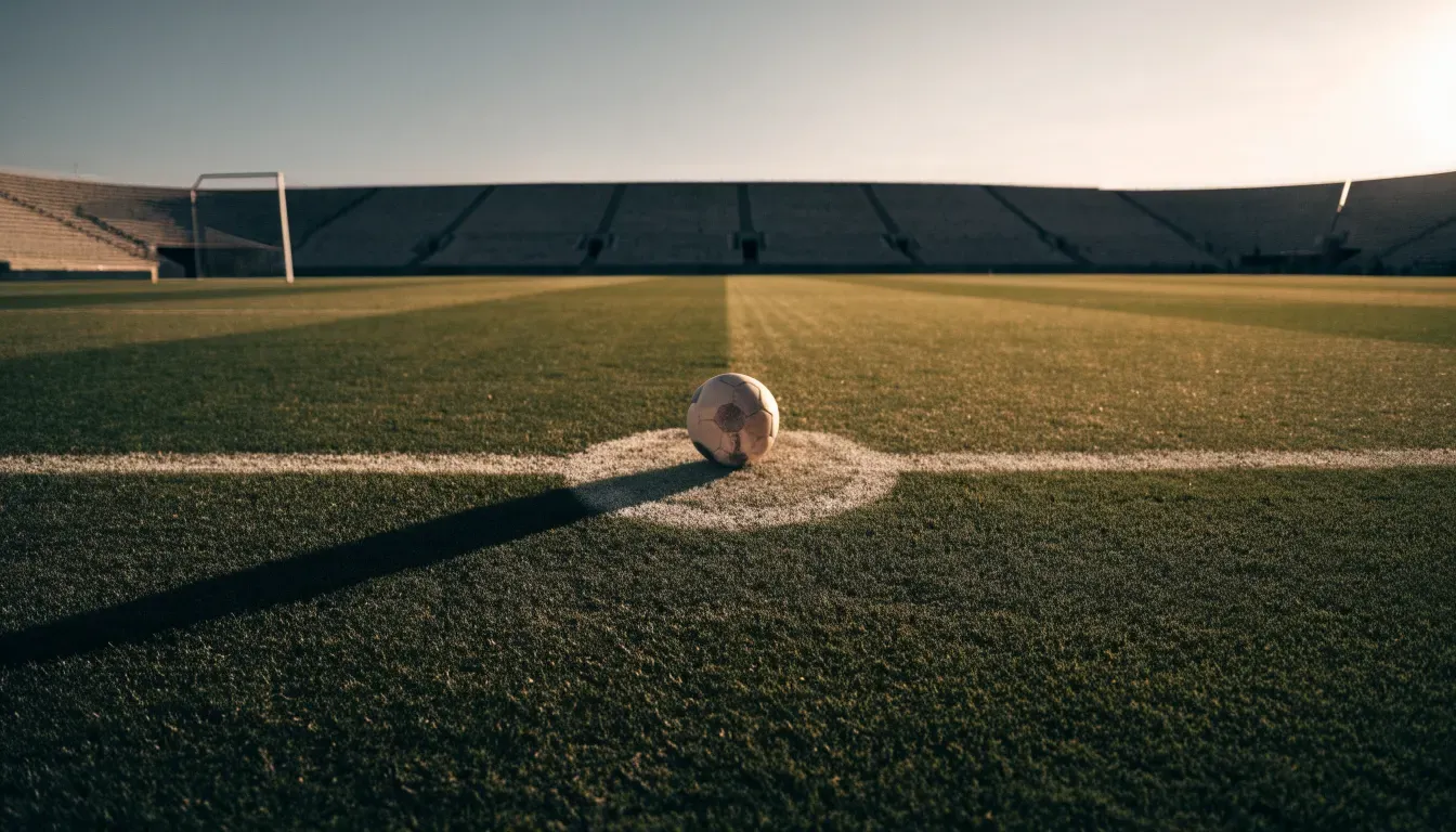 Ein Fußball liegt auf dem Anstoßpunkt eines leeren Rasenplatzes, im Hintergrund eine menschenleere Tribüne im weichen Abendlicht.