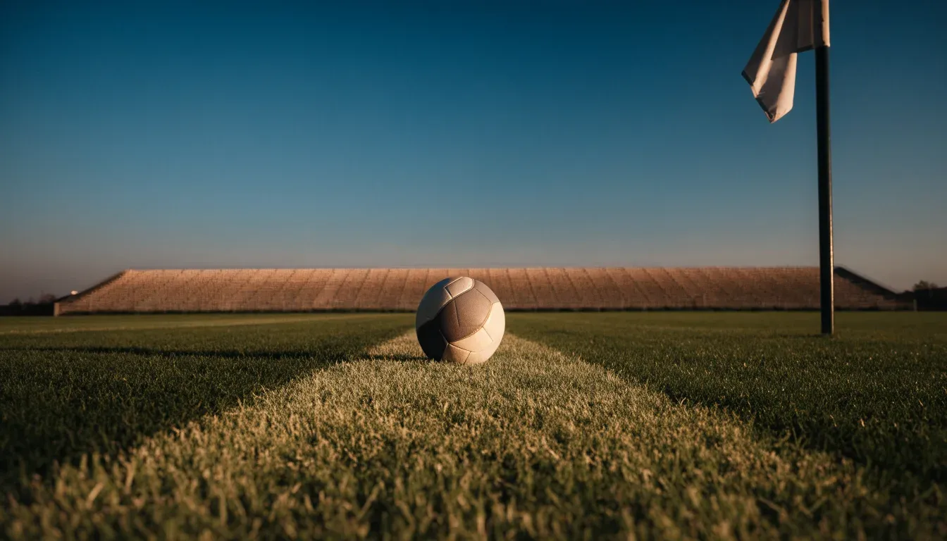 Ein Fußball liegt auf dem Rasen neben der Eckfahne eines leeren Platzes, dahinter eine Tribüne im Abendlicht.