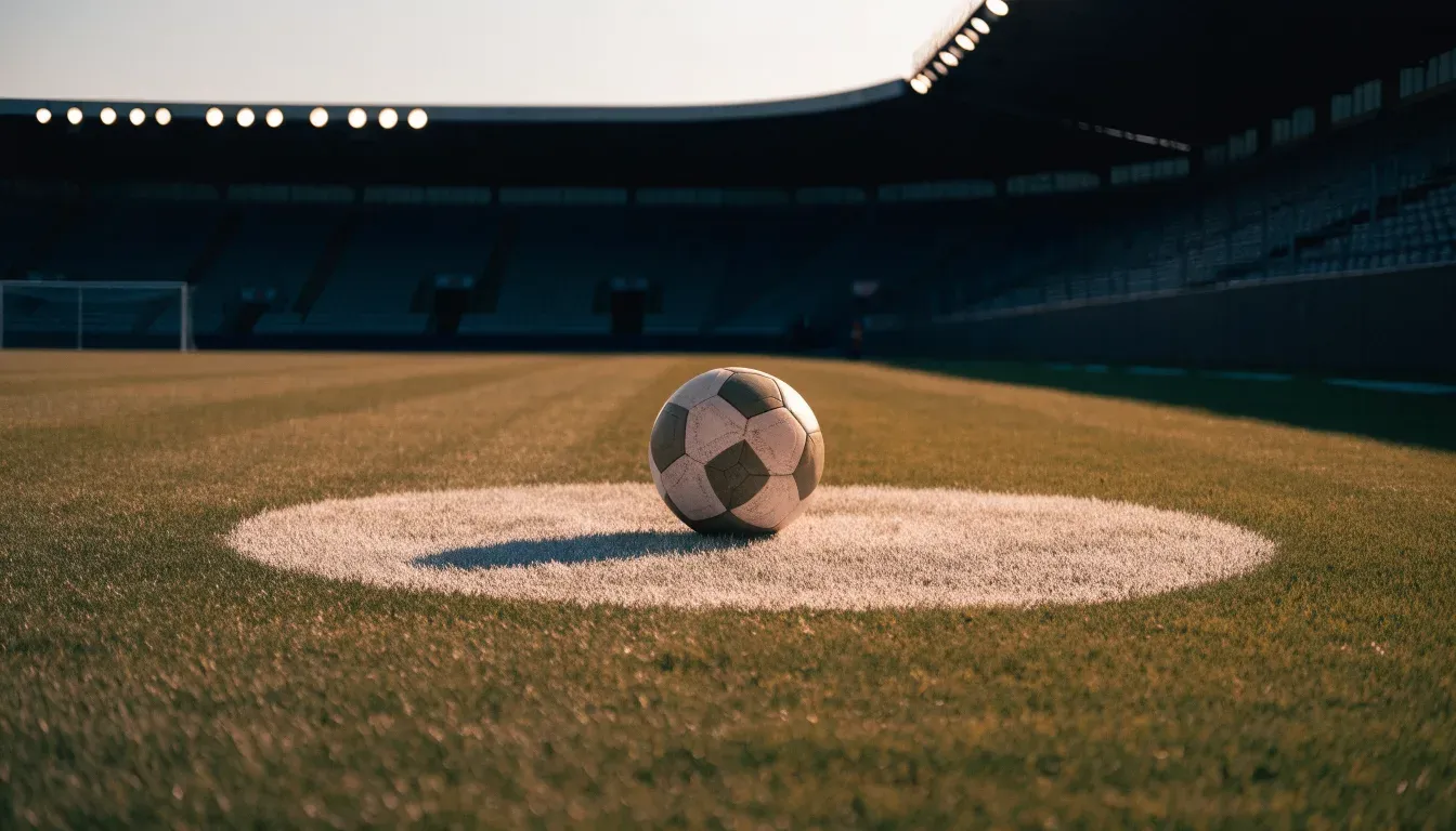 Ein Fußball liegt auf dem Anstoßpunkt eines leeren Rasenplatzes, im Hintergrund eine menschenleere Tribüne in weichem Licht.