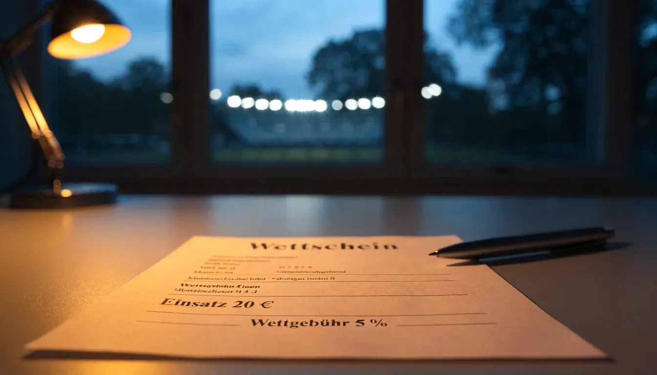 Ein Stadion unter Flutlicht aus großer Entfernung gesehen, davor eine dunkle Landstraße und einzelne Bäume.