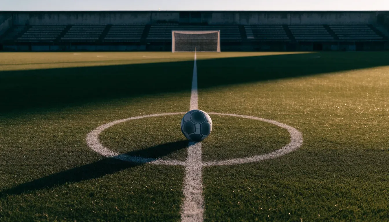 Ein Fußball liegt auf dem Anstoßpunkt eines leeren Rasenplatzes, dahinter eine menschenleere Tribüne im weichen Abendlicht.