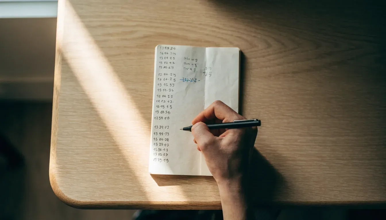 Ein Notizbuch mit handschriftlichen Rechnungen und ein Taschenrechner auf einem Schreibtisch, im Fenster fällt Morgenlicht.