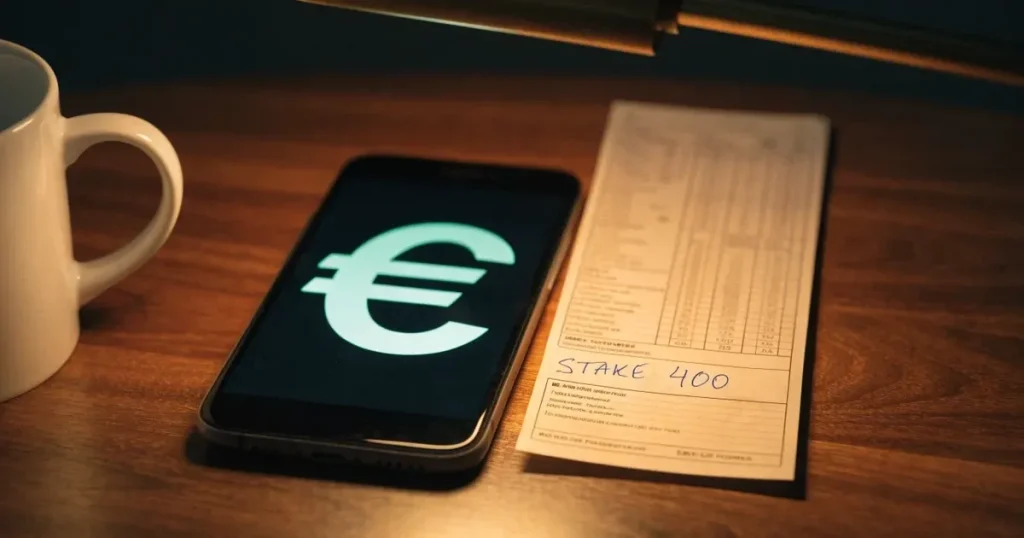 Eine Hand schiebt einen kleinen Stapel Euro-Münzen über eine Tischplatte, daneben liegt ein leerer Wettschein aus Papier im warmen Lampenlicht.