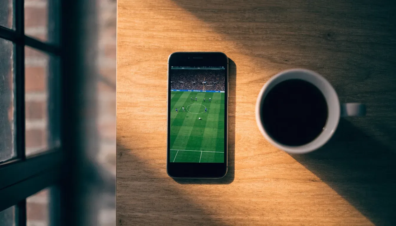 Ein Smartphone mit dunklem Display liegt auf einem Holztisch neben einer Tasse Kaffee, am Fenster fällt Abendlicht.