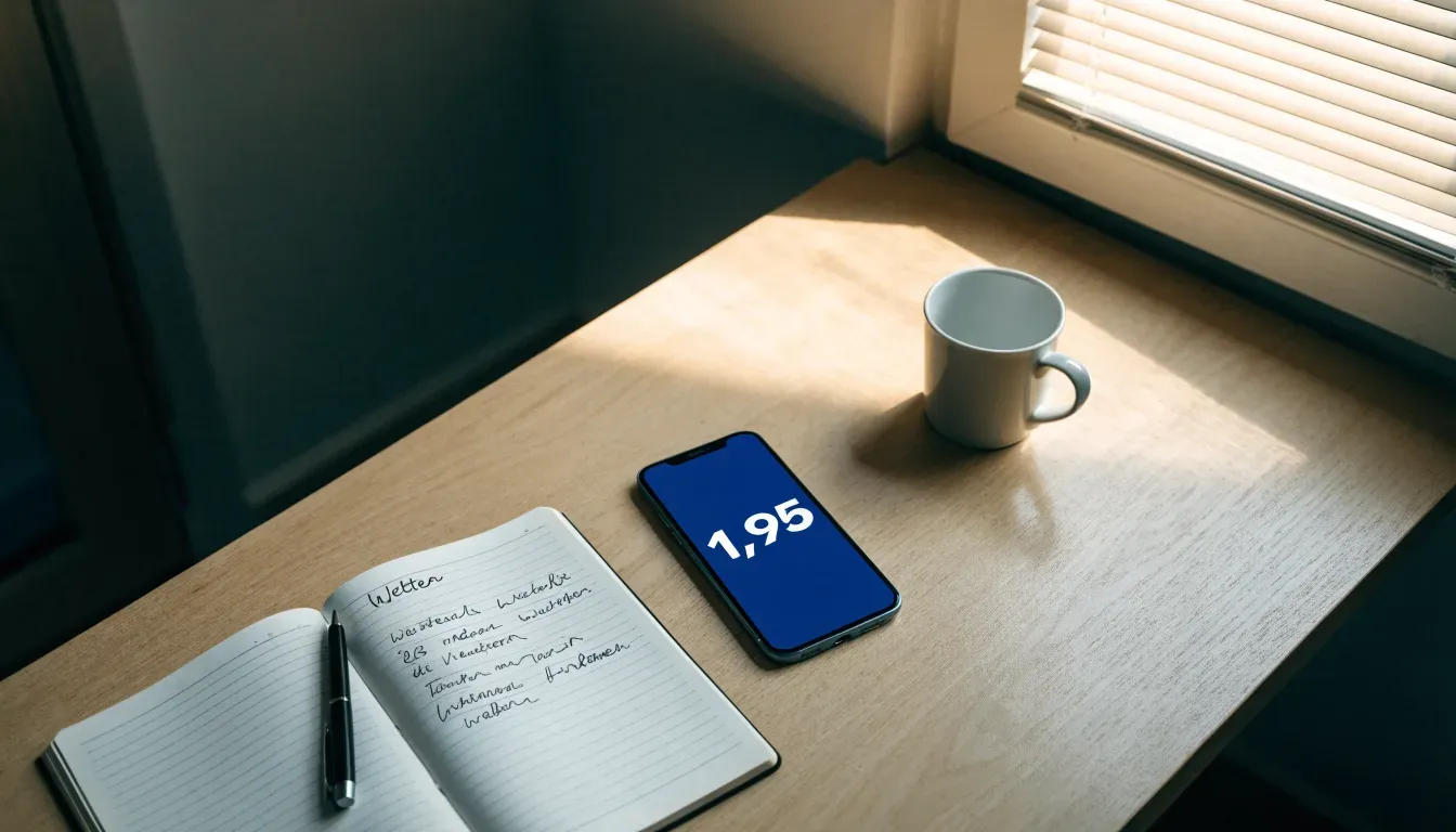 Ein Smartphone mit dunklem Display liegt auf einem Holztisch neben einem Notizbuch, durch das Fenster fällt Abendlicht.