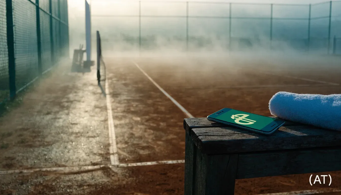 Ein Tennisplatz im Morgengrauen mit Netz und Linien, über dem Sandboden liegt leichter Nebel und niemand ist zu sehen.