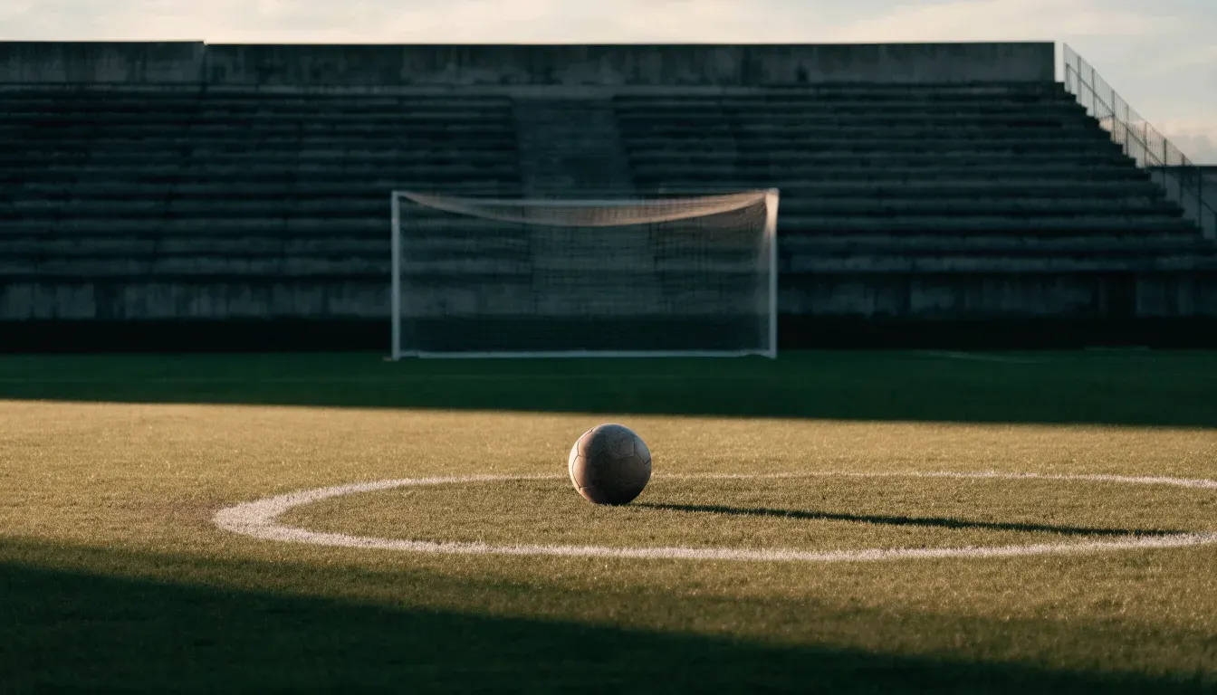 Ein Fußball liegt auf dem Anstoßpunkt eines leeren Rasenplatzes, im Hintergrund eine menschenleere Tribüne im weichen Abendlicht.
