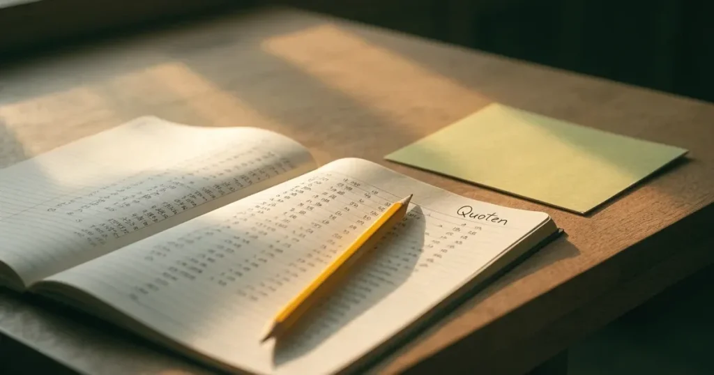 Ein Notizbuch mit handschriftlichen Zahlenreihen und ein Bleistift liegen auf einem Schreibtisch neben einem Taschenrechner im Morgenlicht.