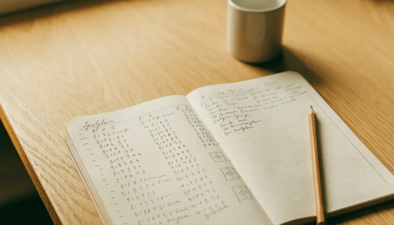 Ein Notizbuch mit handschriftlichen Skizzen und Zahlenreihen liegt aufgeschlagen auf einem Schreibtisch, daneben ein Bleistift.