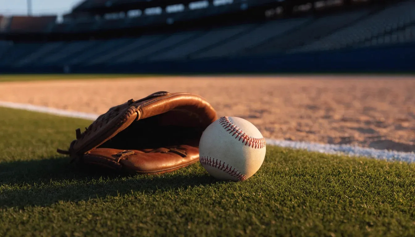 Ein Baseball liegt auf dem Rasen neben einem Lederhandschuh ohne Aufschrift, im Hintergrund eine leere Tribüne im Abendlicht.