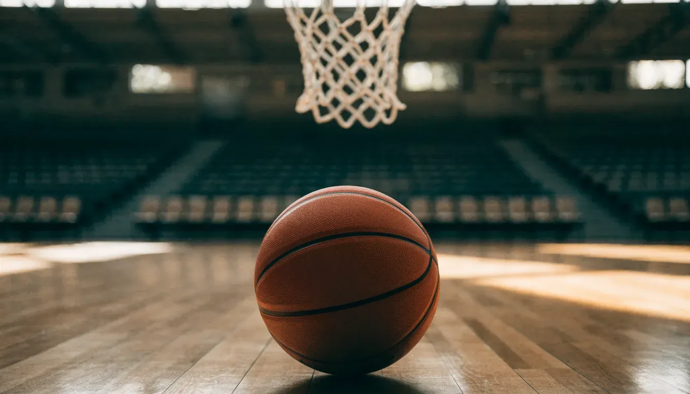 Ein orangefarbener Basketball liegt auf einem Hallenboden unter dem Netz eines Korbs, im Hintergrund unscharf leere Sitzreihen.