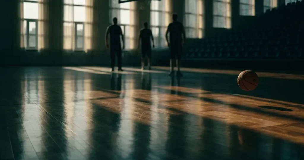 Ein leeres Basketballfeld in einer Halle mit glänzendem Parkett und einem Korb, durch hohe Fenster fällt Tageslicht.