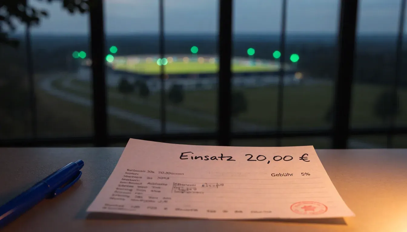 Ein Stadion unter Flutlicht aus großer Entfernung gesehen, davor eine dunkle Landstraße und einzelne Bäume in der Dämmerung.