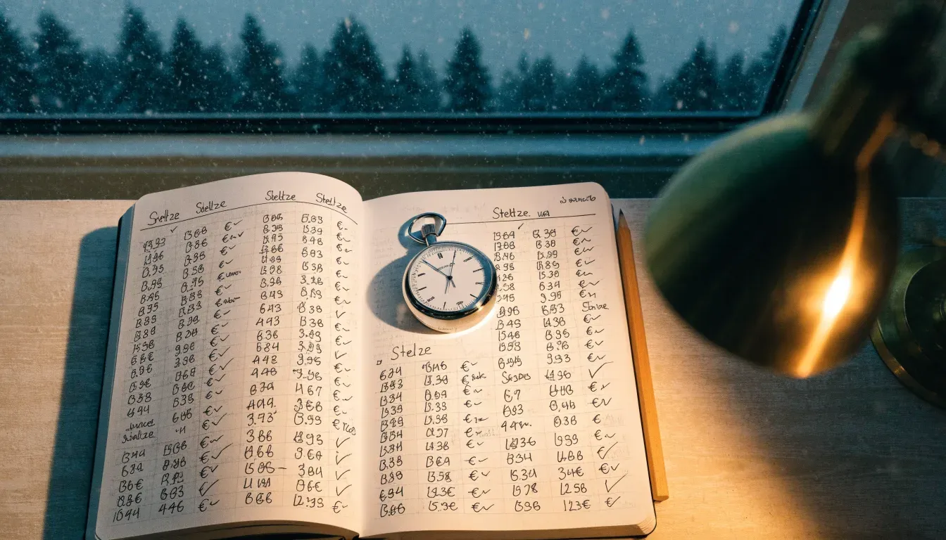 Ein Notizbuch mit handschriftlichen Zeiten liegt neben einer Stoppuhr auf einem Holztisch, draußen vor dem Fenster fällt Schnee.