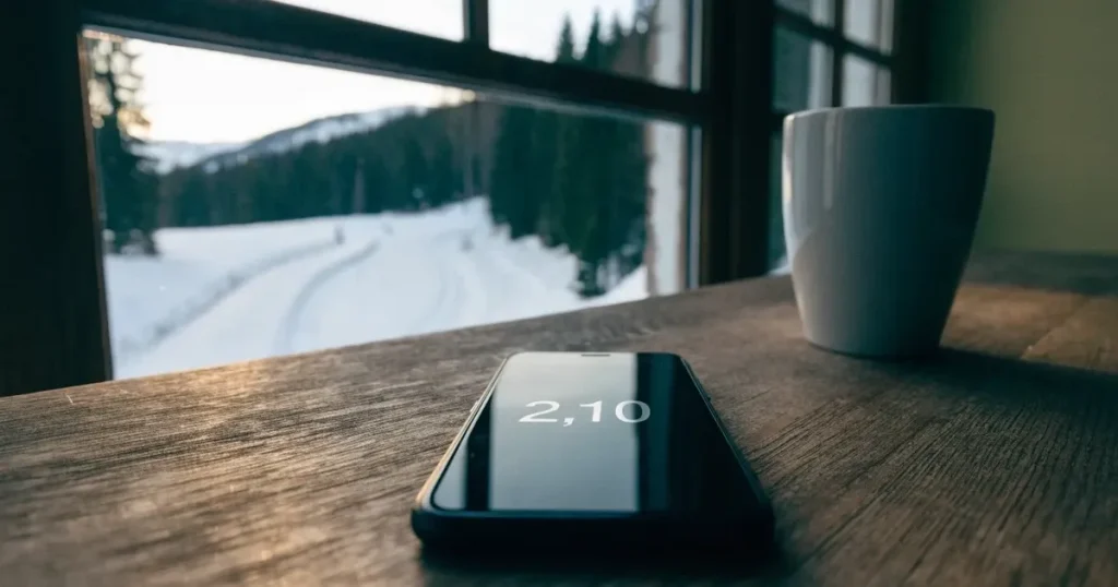 Eine verschneite Loipe im Morgenlicht mit gespurter Spur, im Hintergrund dunkler Nadelwald und eine Bergkette ohne Menschen.