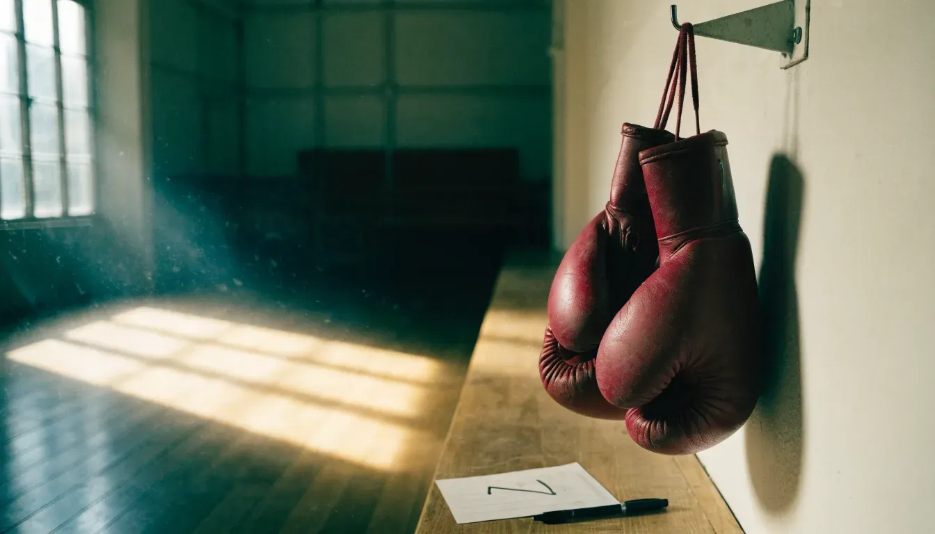 Ein Paar Boxhandschuhe hängt an einem Haken in einer leeren Trainingshalle, durch ein Fenster fällt Tageslicht auf den Boden.
