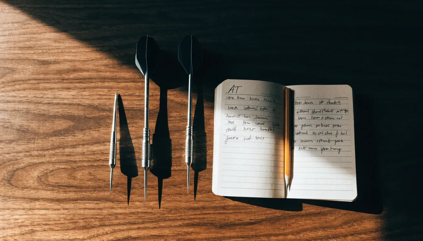 Wurfpfeile liegen auf einem Holztisch neben einem Notizbuch mit handschriftlichen Zeilen, Tageslicht fällt von links ein.