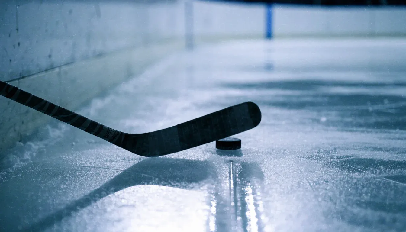 Ein Eishockeyschläger und ein schwarzer Puck liegen auf dem Eis, eine Kratzspur zieht sich durch das Bild.