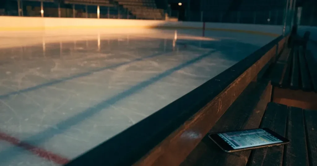 Eine zugefrorene Eisfläche am Rand eines Eishockeyfelds im Morgenlicht, Banden und leere Spielerbänke von der Seite fotografiert.