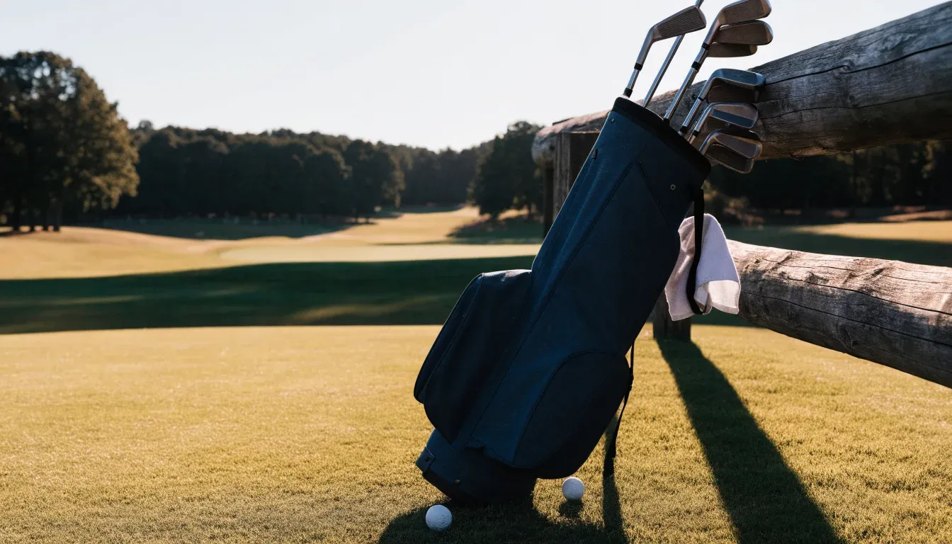 Ein Golfbag mit Schlägern lehnt an einem Holzzaun am Rand einer Spielbahn, tiefstehende Sonne von der Seite.