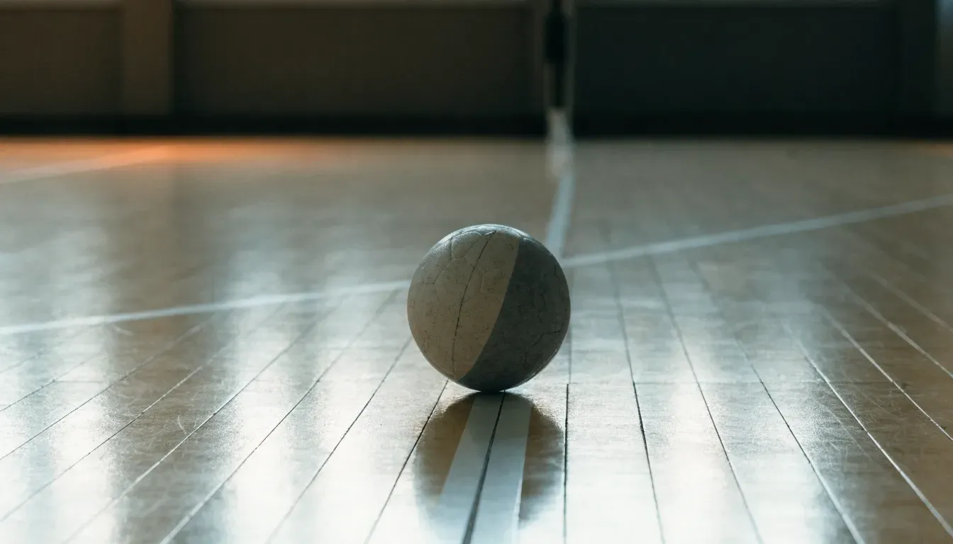 Ein Handball liegt auf dem Parkett einer Halle neben einer Spielfeldlinie, Licht fällt von oben ein.