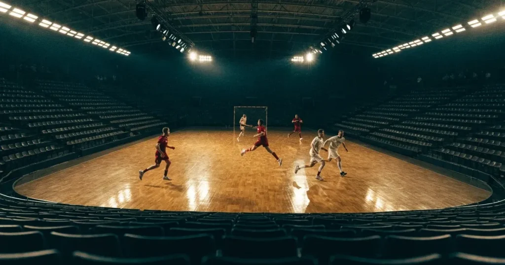Eine leere Handballhalle von der Tribüne aus gesehen, der Hallenboden glänzt, an beiden Enden stehen Tore.