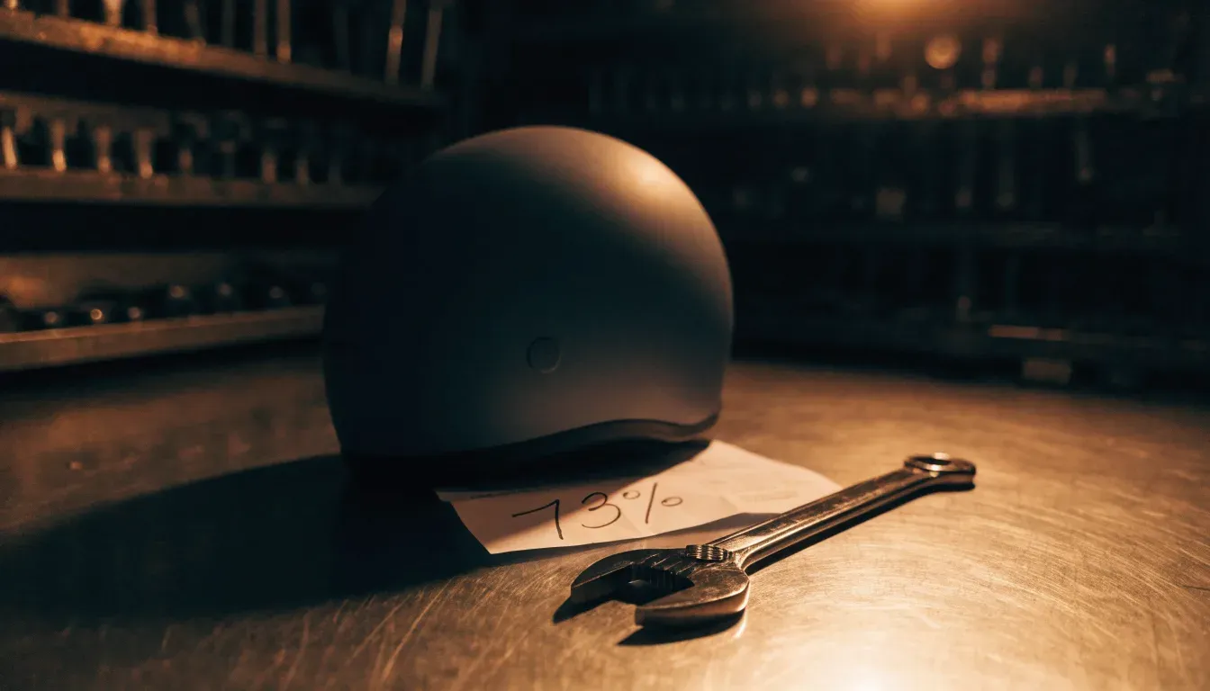 Ein Helm ohne Aufdruck steht auf einem Metalltisch in einer Werkstatt, daneben ein Schraubenschlüssel im Licht einer Lampe.