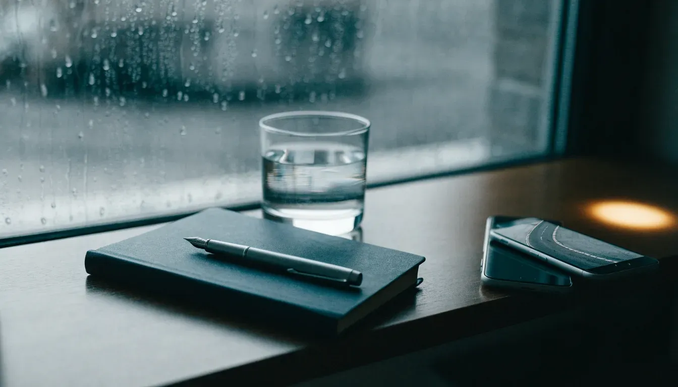 Ein Schreibtisch mit Füllfeder und geschlossenem Notizbuch vor einem regennassen Fenster, die Szene ist ruhig und ohne lesbaren Text.