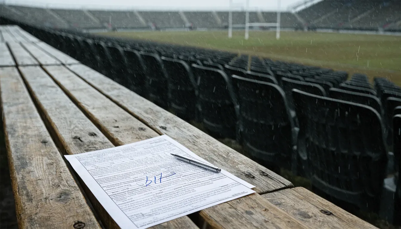 Die leere Tribüne eines Stadions mit Torstangen im Hintergrund, feiner Regen fällt über den Rängen.
