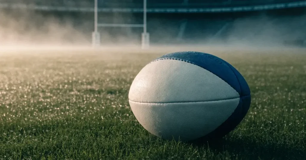 Ein ovaler Rugbyball liegt auf nassem Rasen vor den Torstangen, Nebel hängt über dem Platz am Morgen.