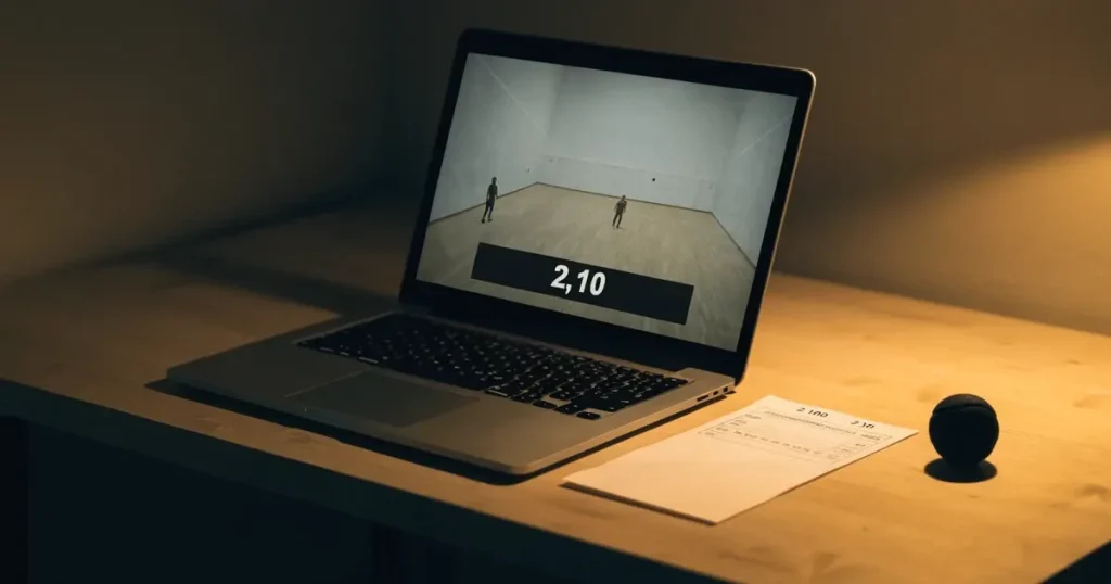 Squashhalle mit weißen Wänden und hellem Holzboden, ein kleiner schwarzer Gummiball liegt neben einem Schläger auf der Linie, weiches Hallenlicht.