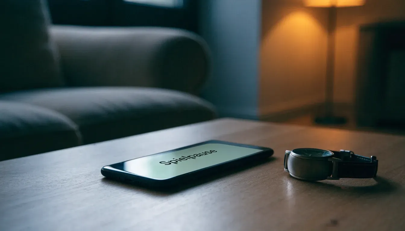 Ein Smartphone liegt mit dem Display nach unten auf einem Tisch neben einer Armbanduhr, im Hintergrund eine ruhige Wohnzimmerecke am Abend.