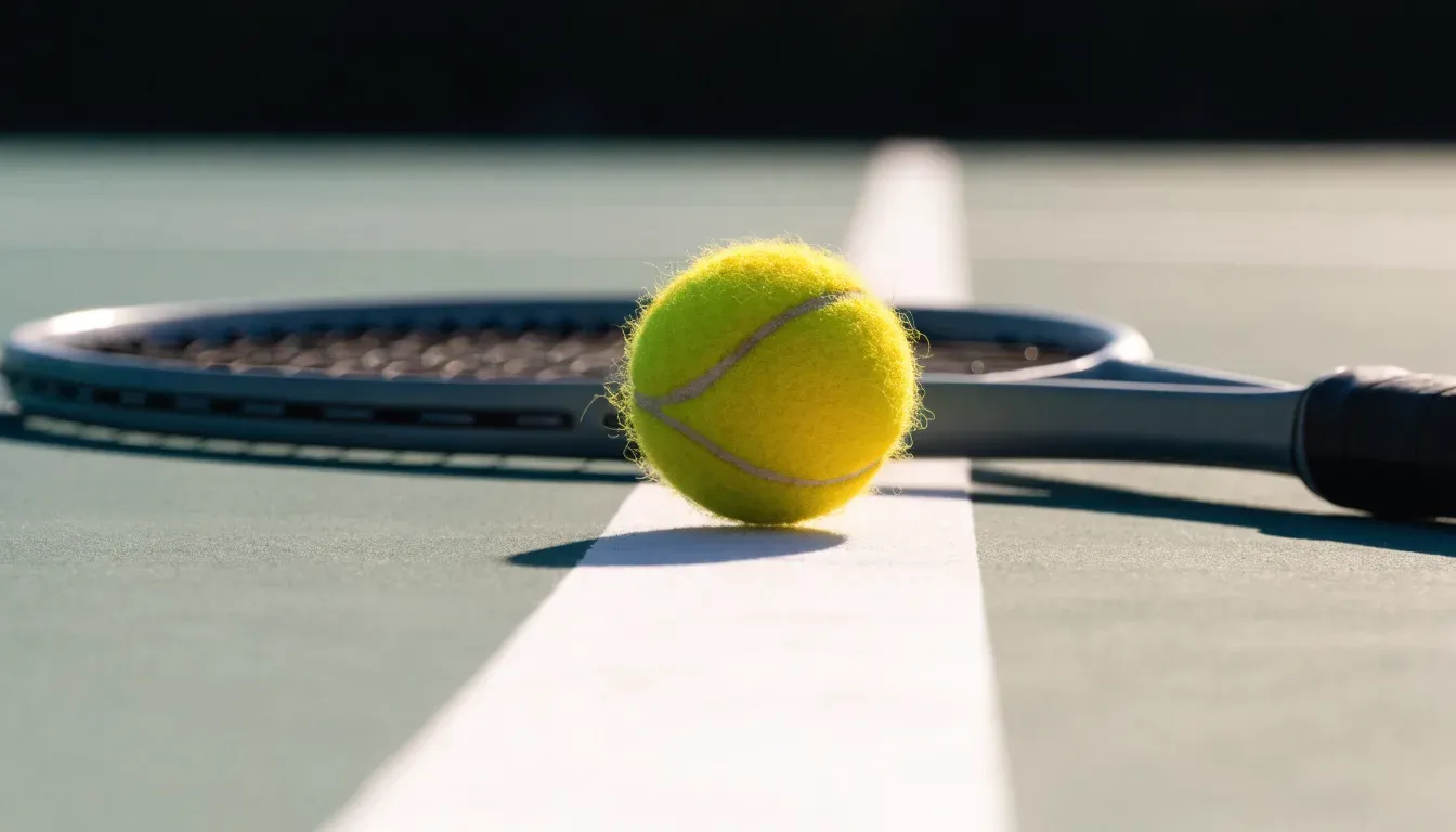 Ein gelber Tennisball liegt auf der weißen Linie eines Hartplatzes, davor ein Schläger mit der Bespannung nach oben, flaches Gegenlicht.