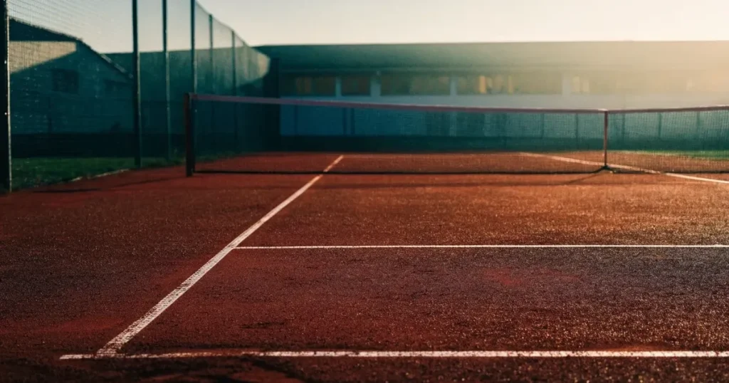 Ein leerer Tennisplatz mit Sandbelag im frühen Morgenlicht, Netz und Grundlinie sind sichtbar, niemand ist auf dem Platz.