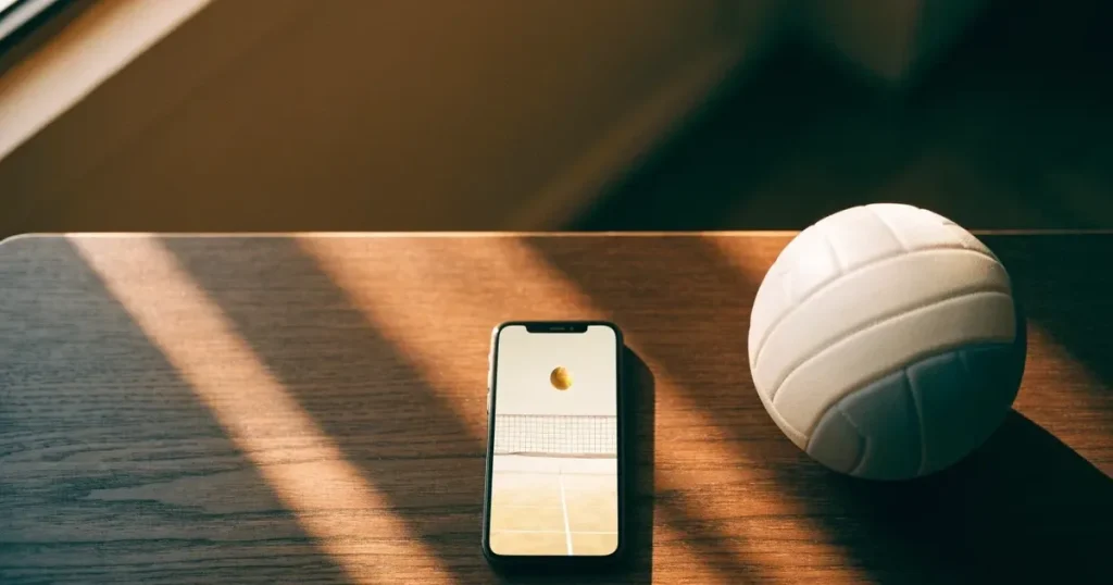 Eine leere Volleyballhalle mit gespanntem Netz und glänzendem Parkettboden, Licht fällt durch hohe Fenster, kein Mensch zu sehen.