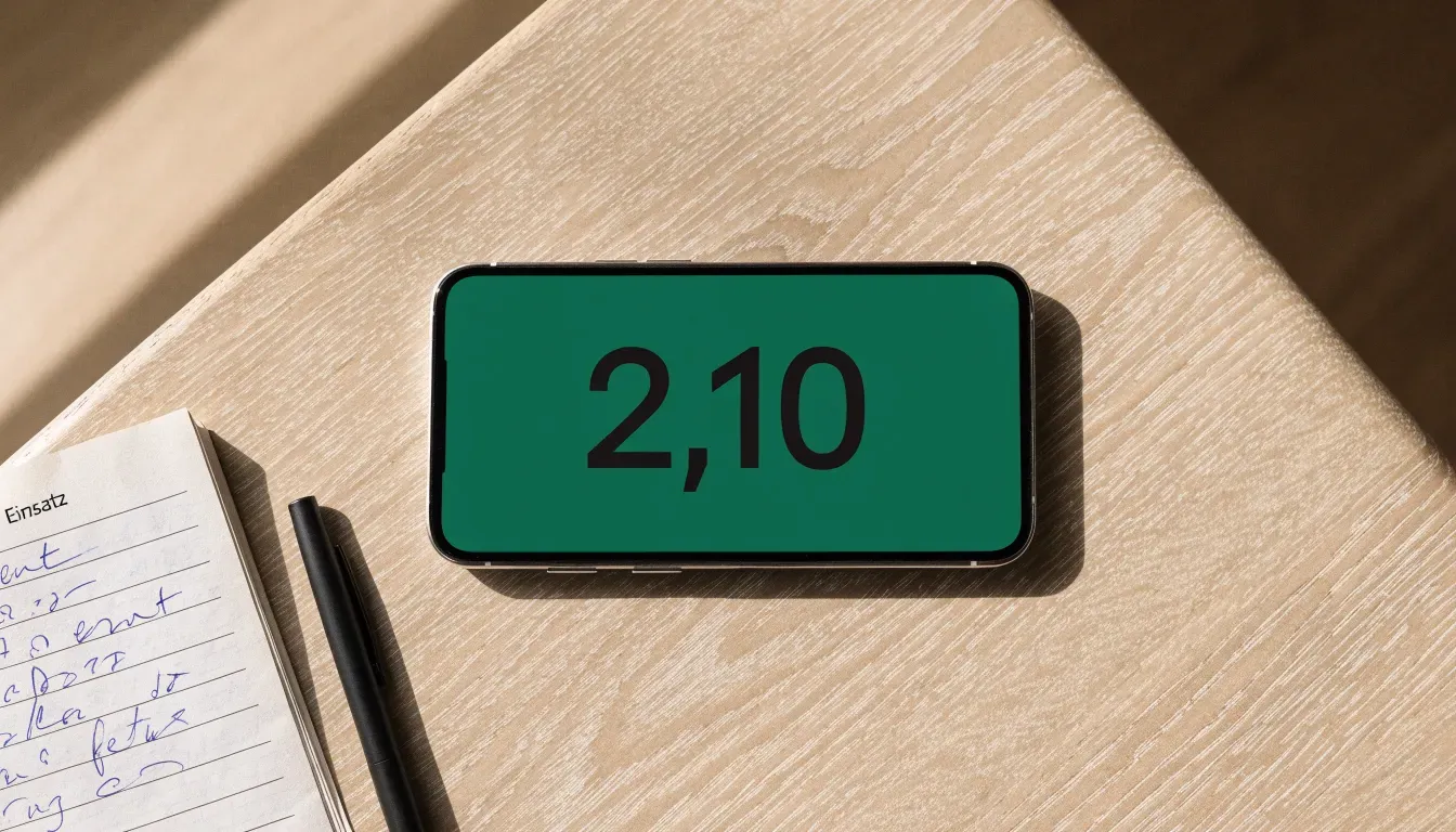 Ein Smartphone mit dunklem Display liegt auf einem Holztisch neben einem Notizblock und einem Stift, Tageslicht von links.