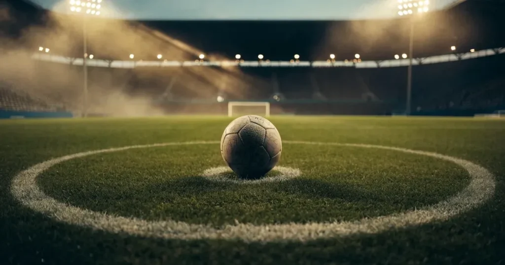 Ein Fußball liegt auf dem Anstoßpunkt eines Rasenplatzes in der Dämmerung, in der Ferne leuchten Flutlichter, die Ränge sind leer.