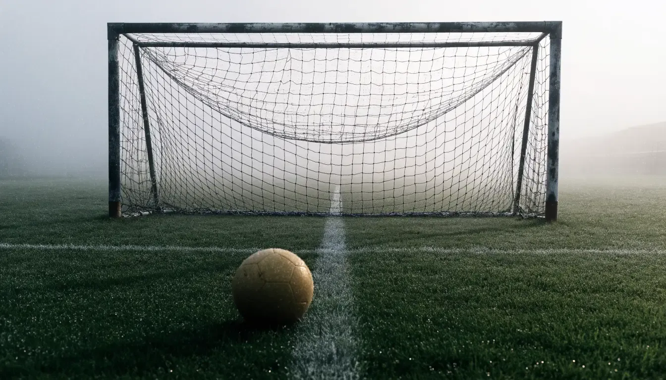 Ein Fußballtor im Nebel eines frühen Morgens, das Netz hängt feucht, auf dem Rasen davor liegt ein einzelner Ball.