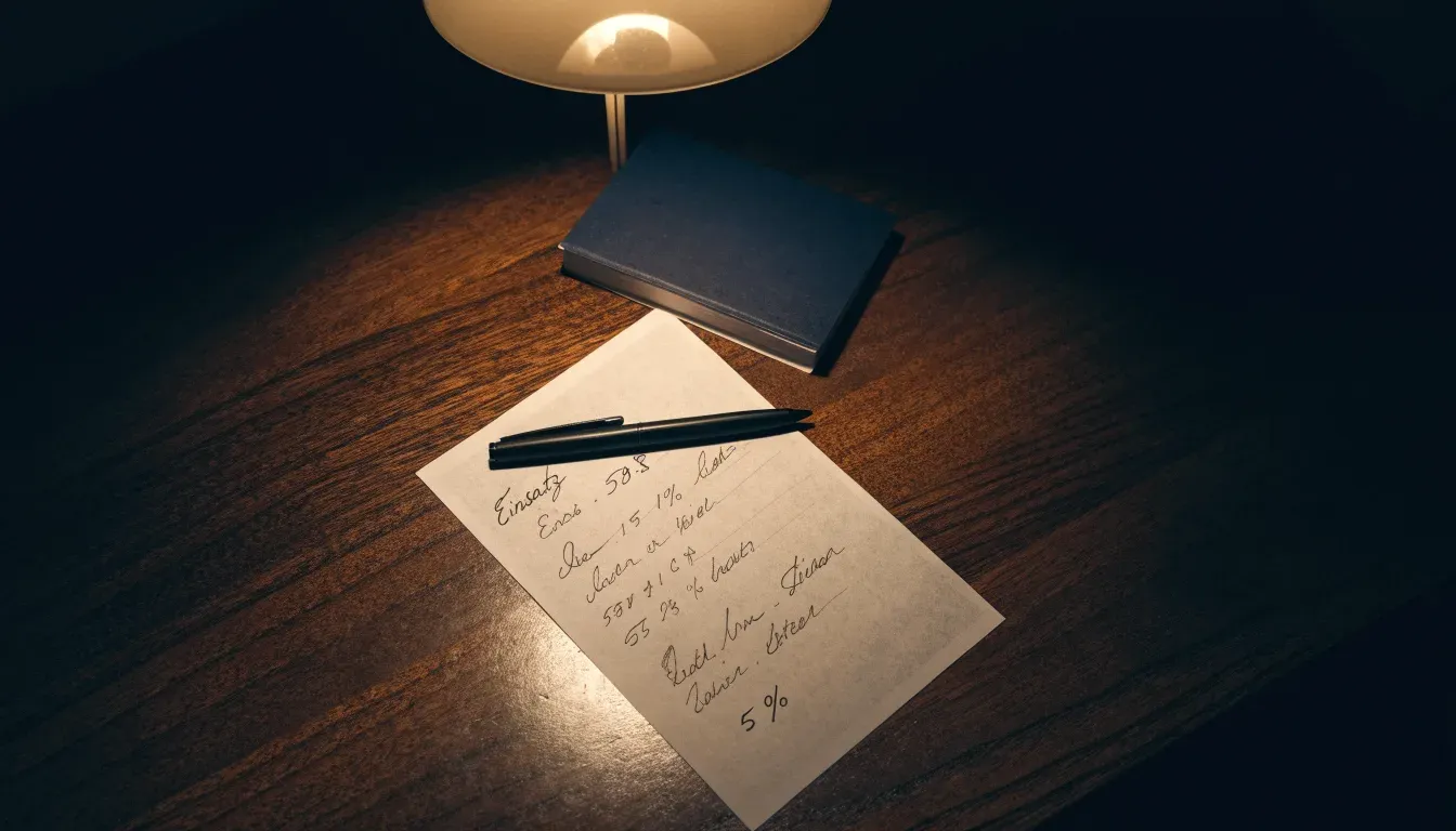 Eine kleine Messingwaage steht auf einem dunklen Holztisch vor einem Bücherregal, warmes Lampenlicht, keine lesbaren Titel.