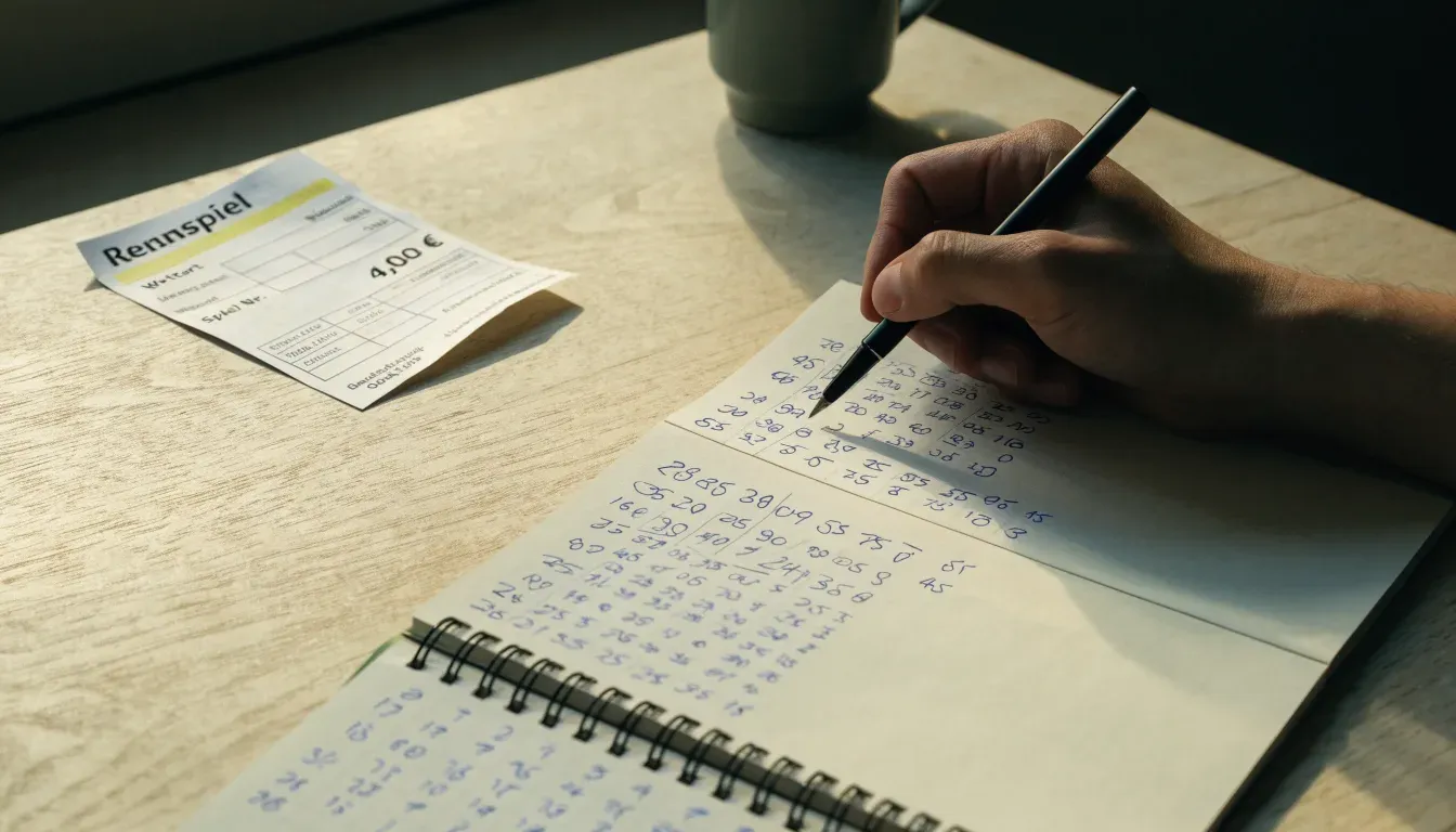 Ein Notizbuch mit handschriftlichen Zahlenreihen liegt neben einem Taschenrechner auf einem hellen Tisch, Tageslicht fällt von der Seite.