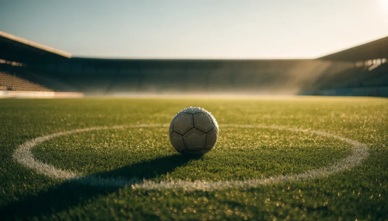 Ein Fußball auf dem Mittelpunkt eines Rasenplatzes, früher Morgen, Tau auf dem Gras, im Hintergrund leere Tribünen.