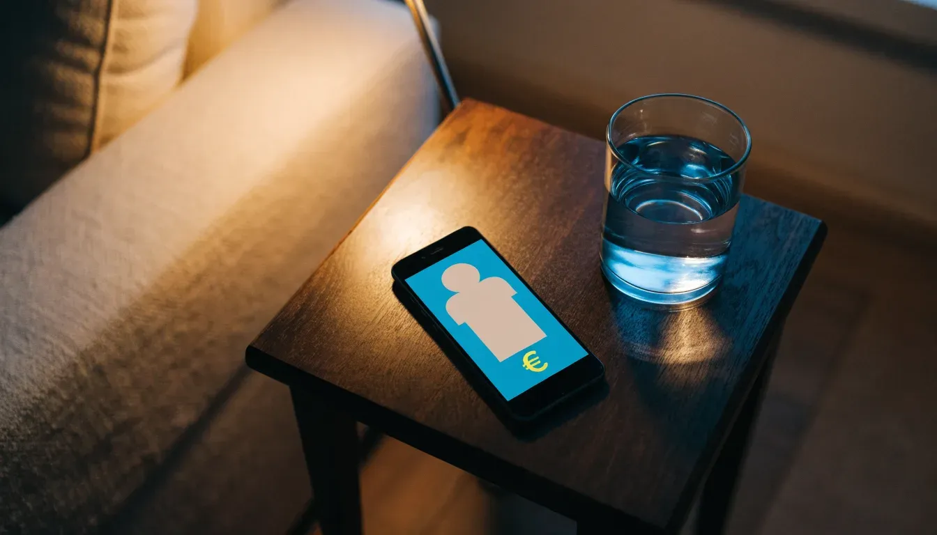 Ein Smartphone liegt mit dem Display nach unten auf einem Holztisch neben einem Glas Wasser, ruhige Abendstimmung in einem Wohnzimmer.