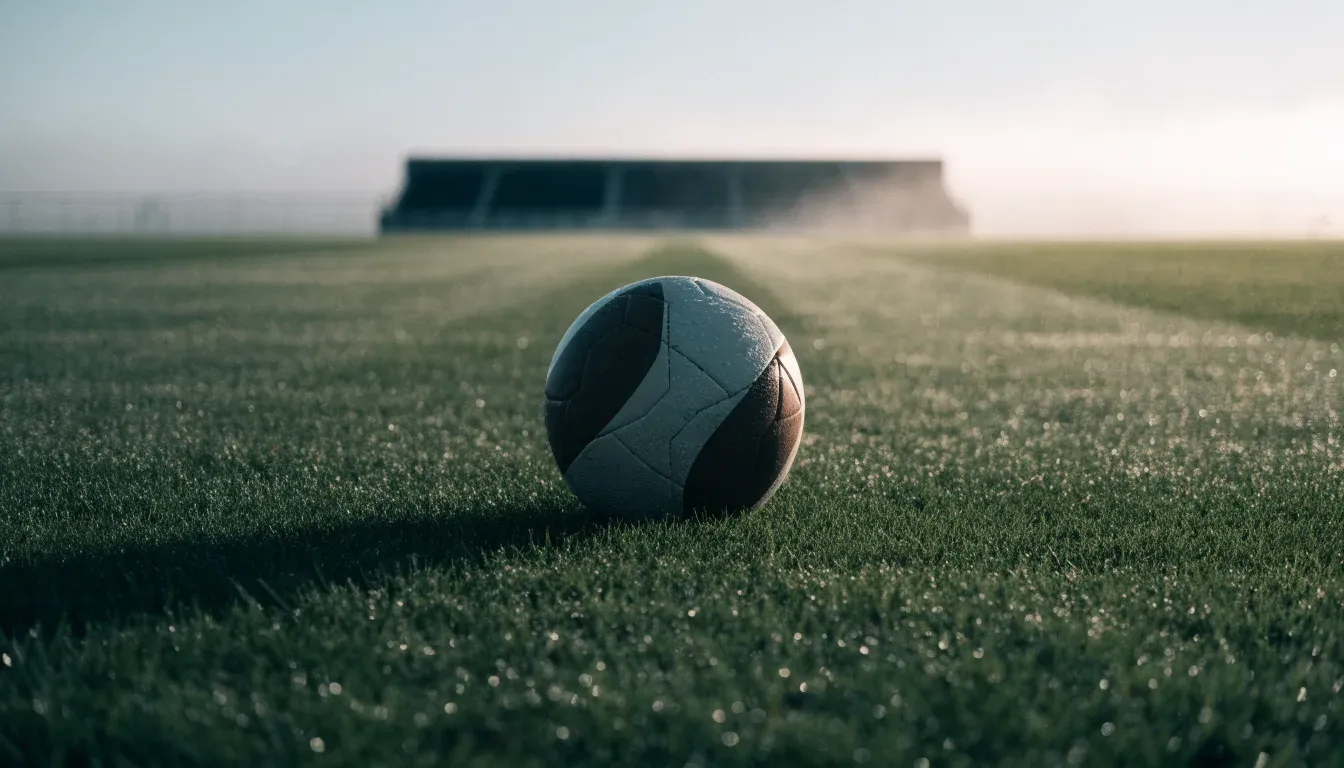 Ein Fußball auf dem Mittelpunkt eines Rasenplatzes, früher Morgen, Tau auf dem Gras, im Hintergrund leere Tribünen.