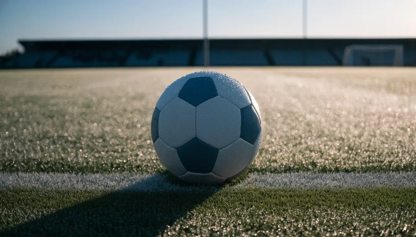 Ein Fußball auf dem Mittelpunkt eines Rasenplatzes, früher Morgen, Tau auf dem Gras, im Hintergrund leere Tribünen.