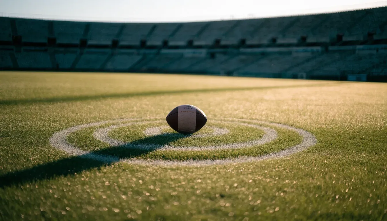 Ein Fußball auf dem Mittelpunkt eines Rasenplatzes, früher Morgen, Tau auf dem Gras, im Hintergrund leere Tribünen.