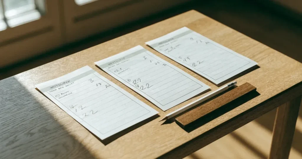 Mehrere leere Wettscheine aus Papier liegen nebeneinander auf einem hellen Tisch, daneben ein Lineal und ein Bleistift, ohne erkennbare Schrift.