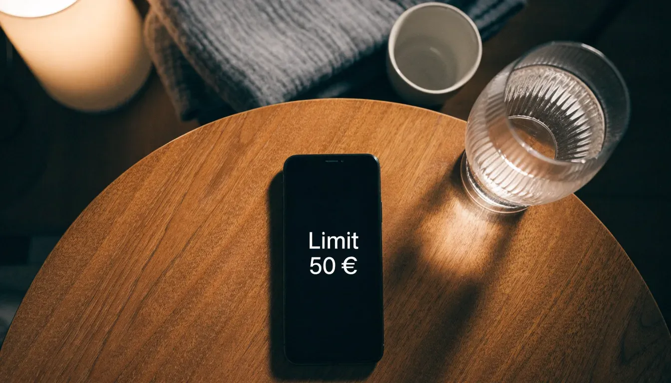 Ein Smartphone liegt mit dem Display nach unten auf einem Holztisch neben einem Glas Wasser, ruhige Abendstimmung in einem Wohnzimmer.
