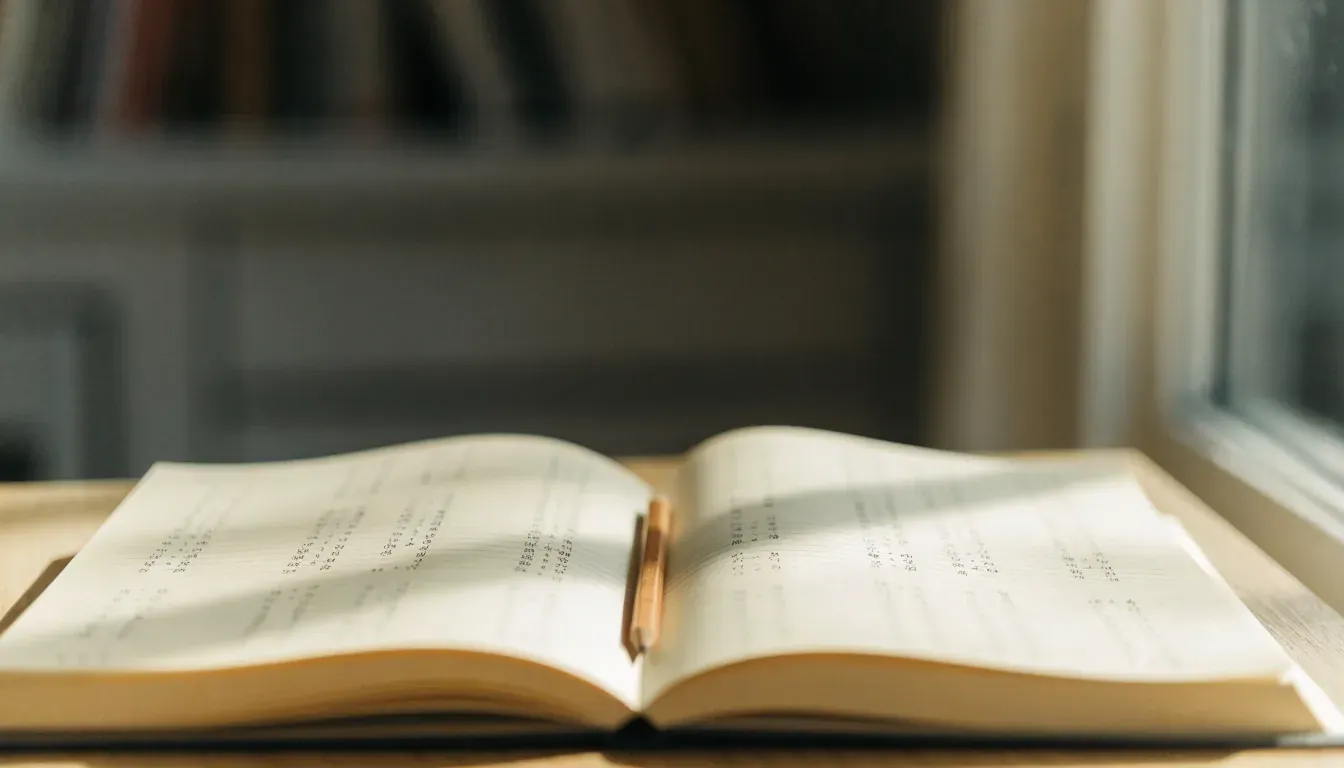 Ein Notizbuch mit handgeschriebenen Zahlenreihen liegt neben einem Taschenrechner und einem Bleistift auf einem hellen Tisch, Tageslicht von der Seite.