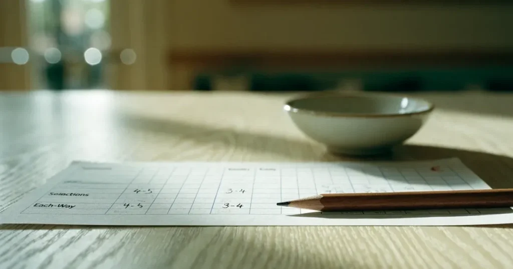 Ein blanker Wettschein aus Papier liegt neben einem Bleistift auf einem hellen Holztisch, daneben eine kleine Schale, ohne erkennbare Schrift.