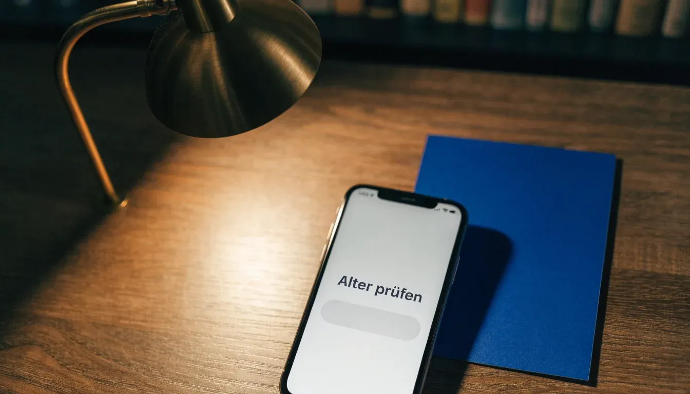Eine kleine Messingwaage steht auf einem dunklen Holztisch vor einem Bücherregal, warmes Lampenlicht, keine lesbaren Titel.